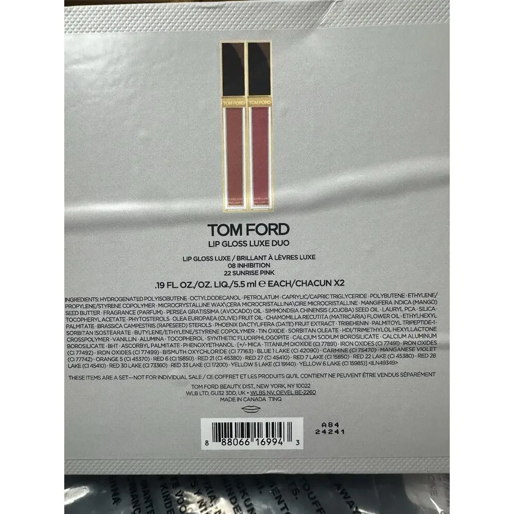 Tom Ford Lip Gloss Luxe Duo In Box ** 08 Inhibition, 22 Sunshine Pink MSRP $118